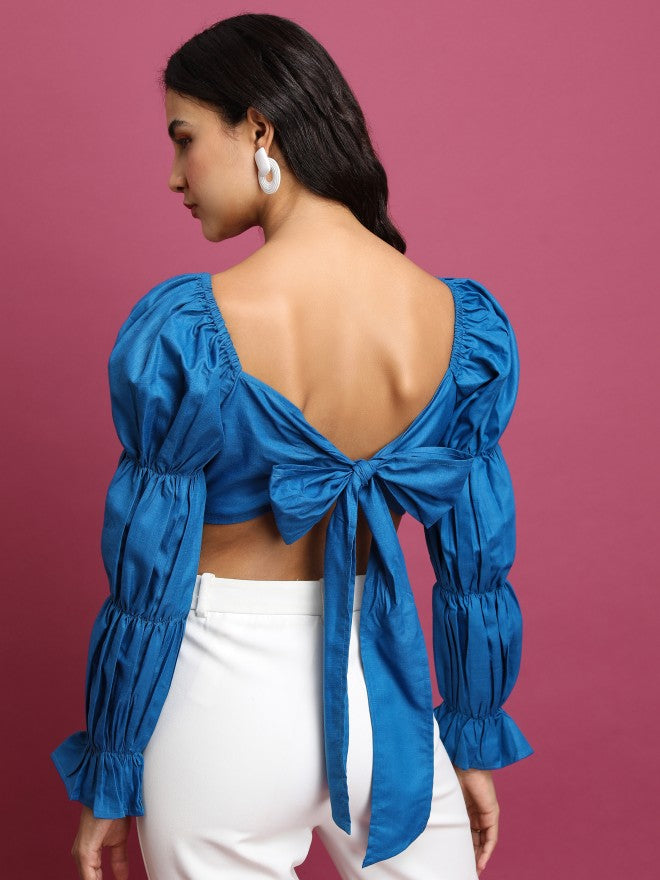 Tokyo Talkies Women Blue Solid Bardot Top - Blue - Image 3