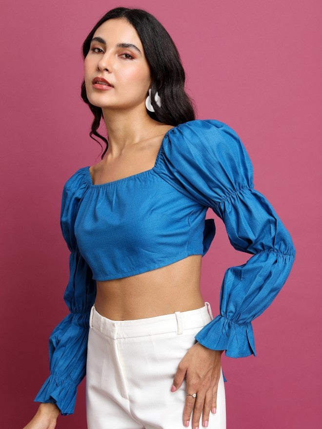 Tokyo Talkies Women Blue Solid Bardot Top - Blue - Image 4