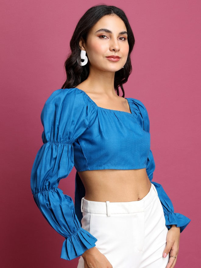Tokyo Talkies Women Blue Solid Bardot Top - Blue - Image 6