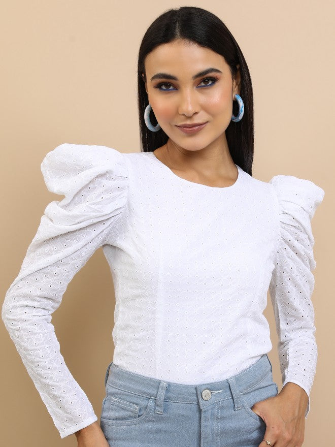 Tokyo Talkies Women White Self Design Regular Top - White - Image 1