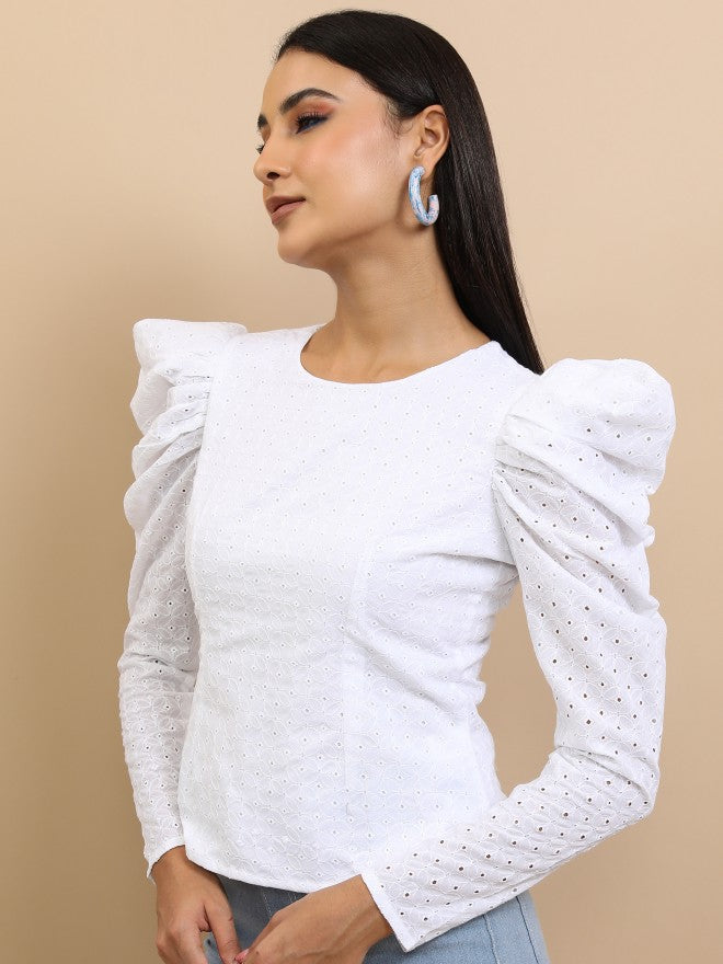 Tokyo Talkies Women White Self Design Regular Top - White - Image 4
