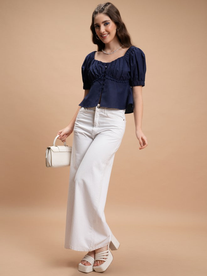 Tokyo Talkies Women Navy Blue Solid Peplum Top - Navy Blue - Image 2
