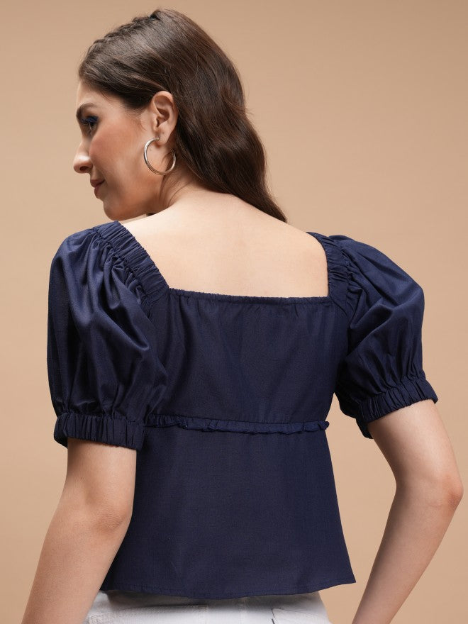 Tokyo Talkies Women Navy Blue Solid Peplum Top - Navy Blue - Image 3