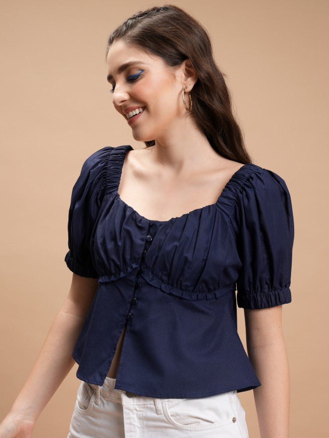 Tokyo Talkies Women Navy Blue Solid Peplum Top - Navy Blue - Image 4