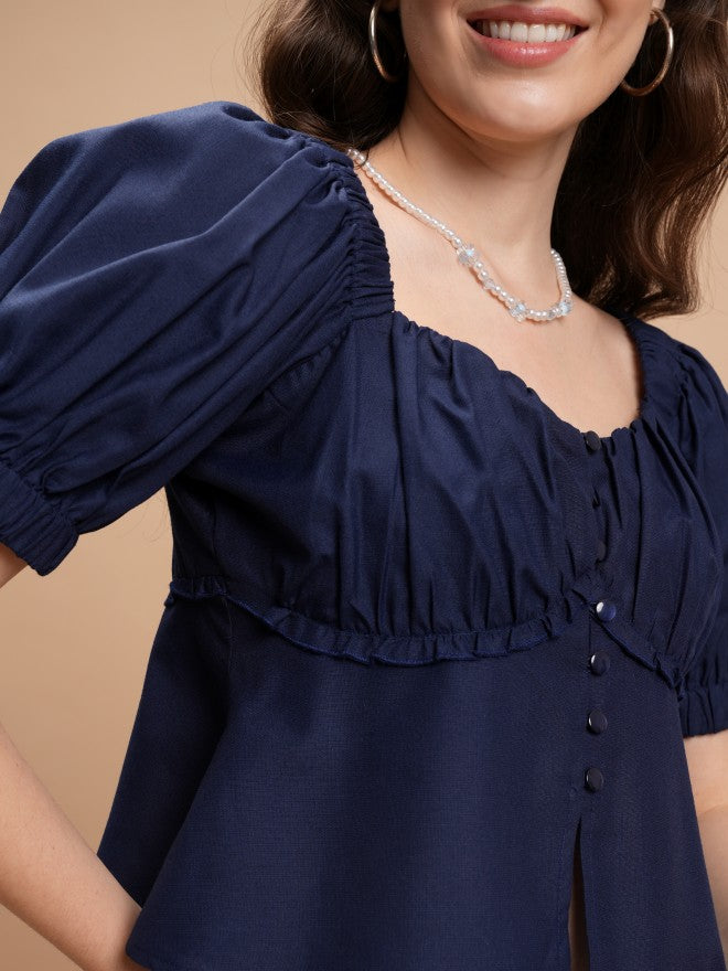 Tokyo Talkies Women Navy Blue Solid Peplum Top - Navy Blue - Image 5