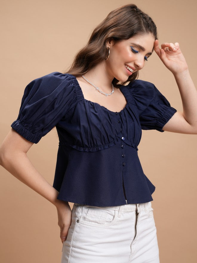 Tokyo Talkies Women Navy Blue Solid Peplum Top - Navy Blue - Image 6