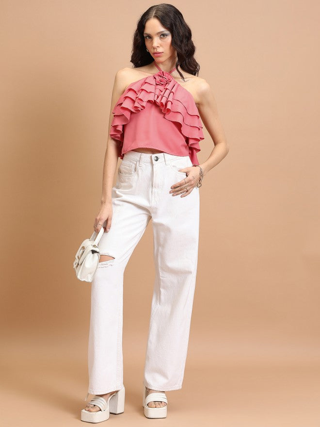 Tokyo Talkies Women Peach Solid Regular Top - Peach - Image 2