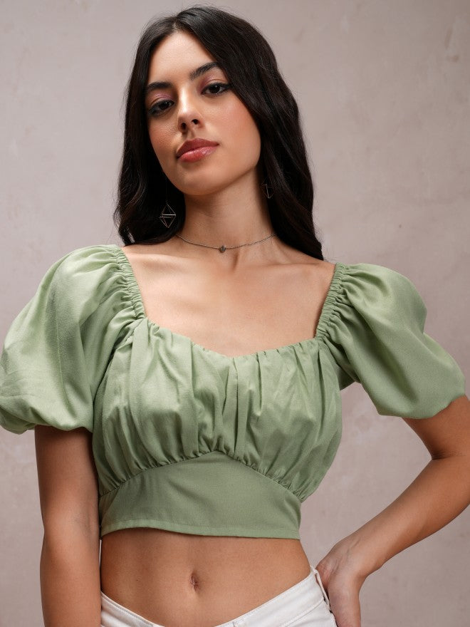 Tokyo Talkies Women Green Solid Regular Top - Green - Image 1