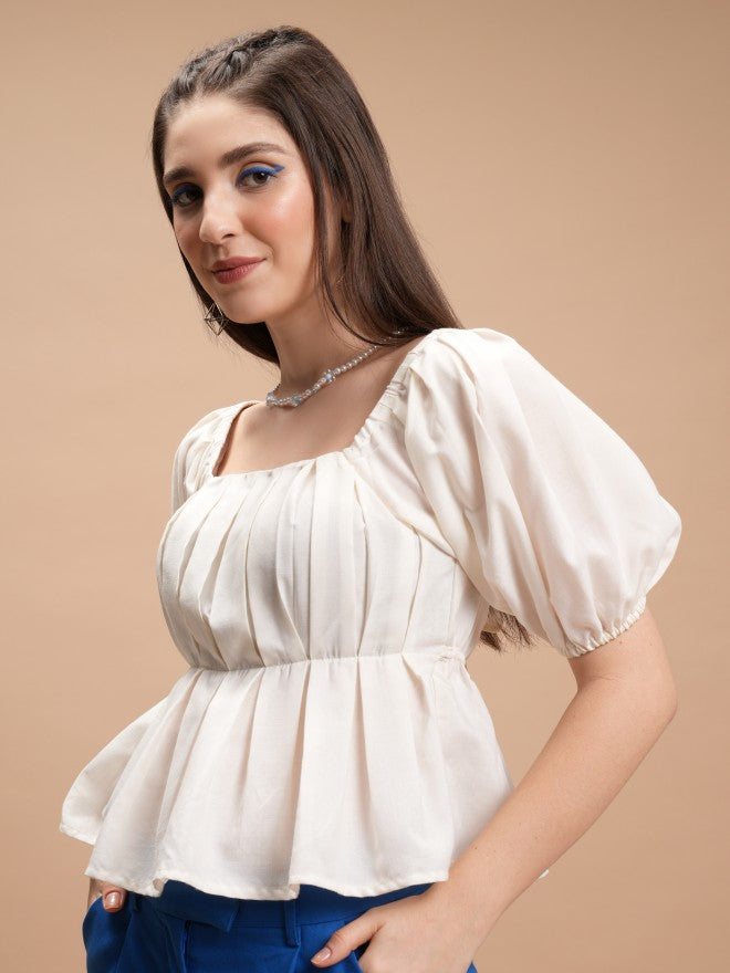 Tokyo Talkies Women Off White Solid Peplum Top - Off White - Image 4