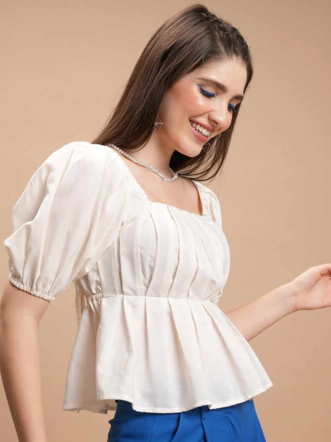 Tokyo Talkies Women Off White Solid Peplum Top - Off White - Image 6