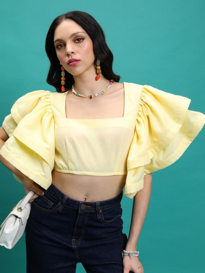 Tokyo Talkies Women Yellow Solid Fitted Top - Yellow - Image 1