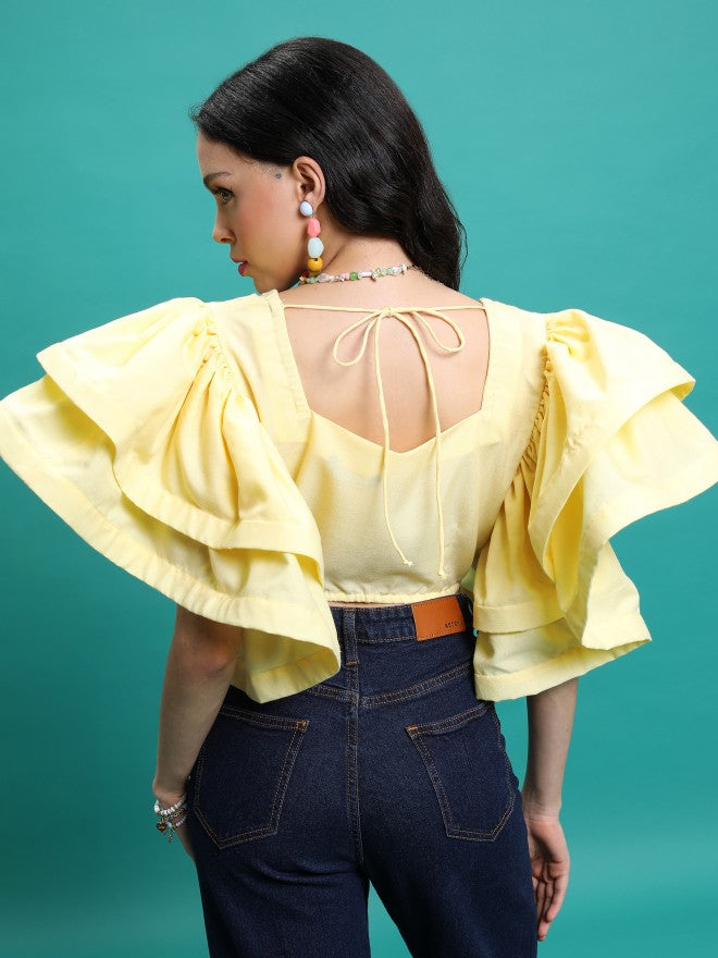 Tokyo Talkies Women Yellow Solid Fitted Top - Yellow - Image 3