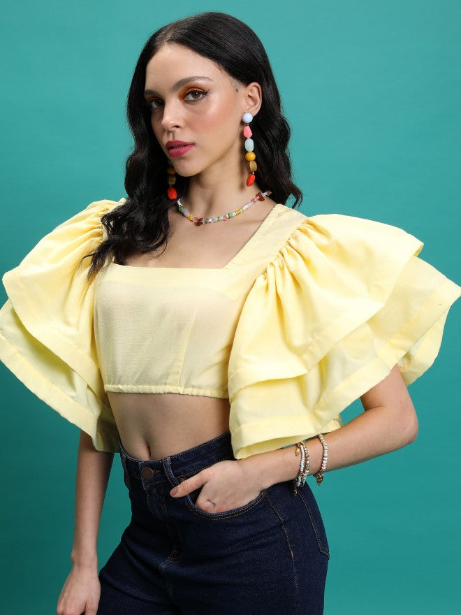 Tokyo Talkies Women Yellow Solid Fitted Top - Yellow - Image 4