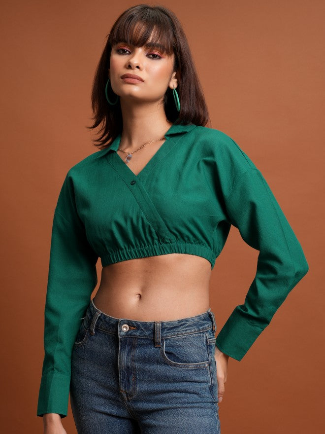 Tokyo Talkies Women Green Solid Wrap Top - Green - Image 1