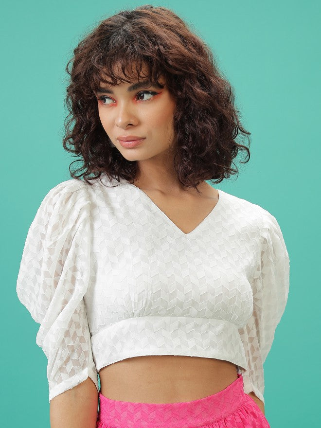 Tokyo Talkies Women White Self Design Bardot Top - White - Image 1