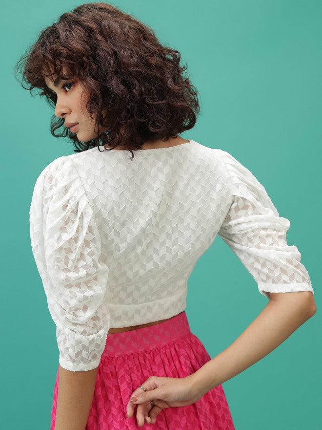 Tokyo Talkies Women White Self Design Bardot Top - White - Image 3