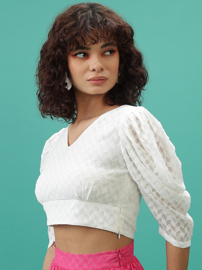 Tokyo Talkies Women White Self Design Bardot Top - White - Image 4