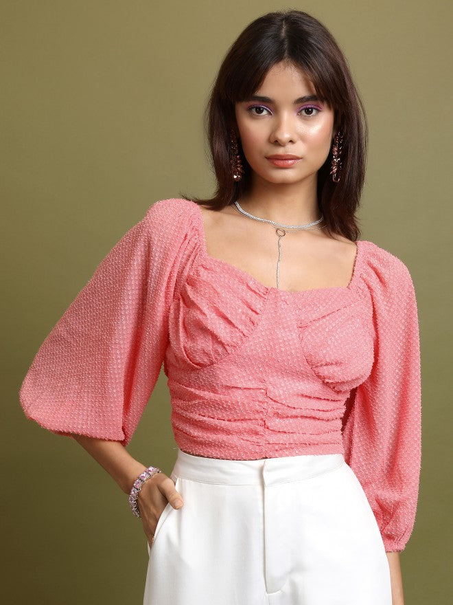 Tokyo Talkies Women Pink Self Design Regular Top - Pink - Image 1