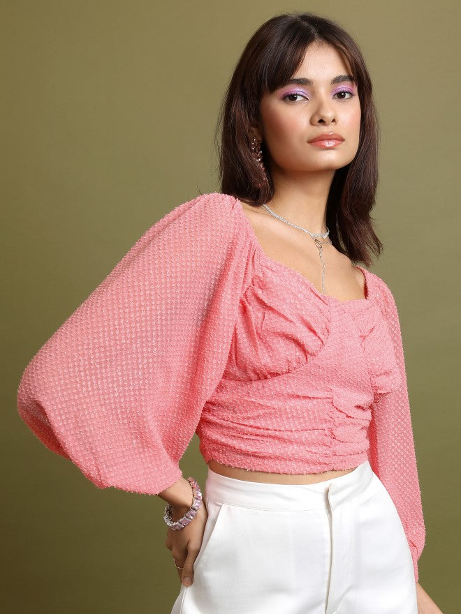 Tokyo Talkies Women Pink Self Design Regular Top - Pink - Image 6