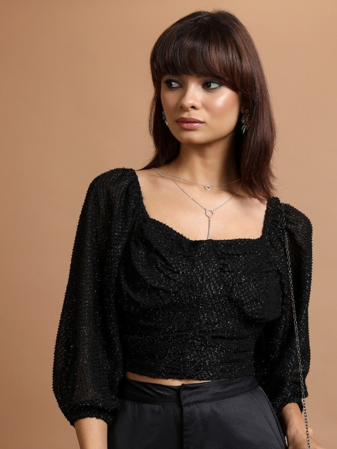 Tokyo Talkies Women Black Self Design Regular Top - Black - Image 1