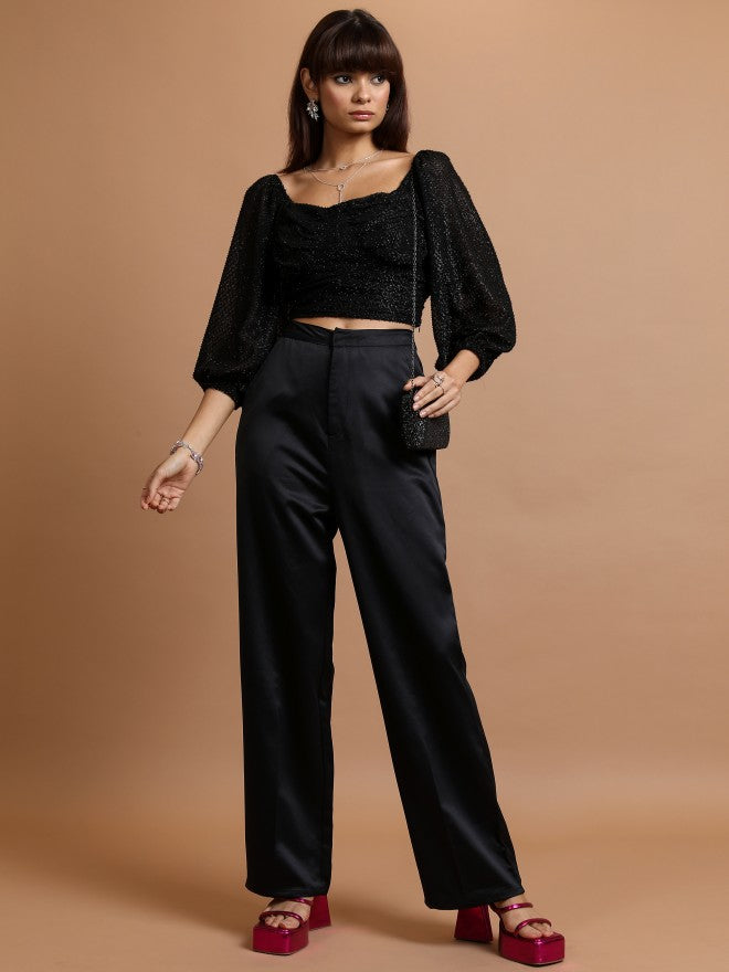 Tokyo Talkies Women Black Self Design Regular Top - Black - Image 2