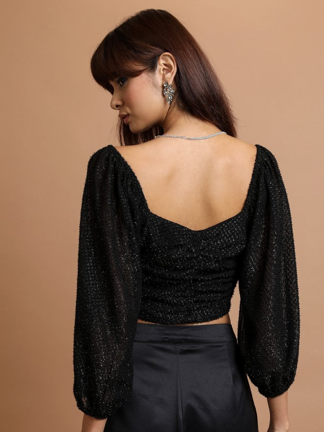 Tokyo Talkies Women Black Self Design Regular Top - Black - Image 3