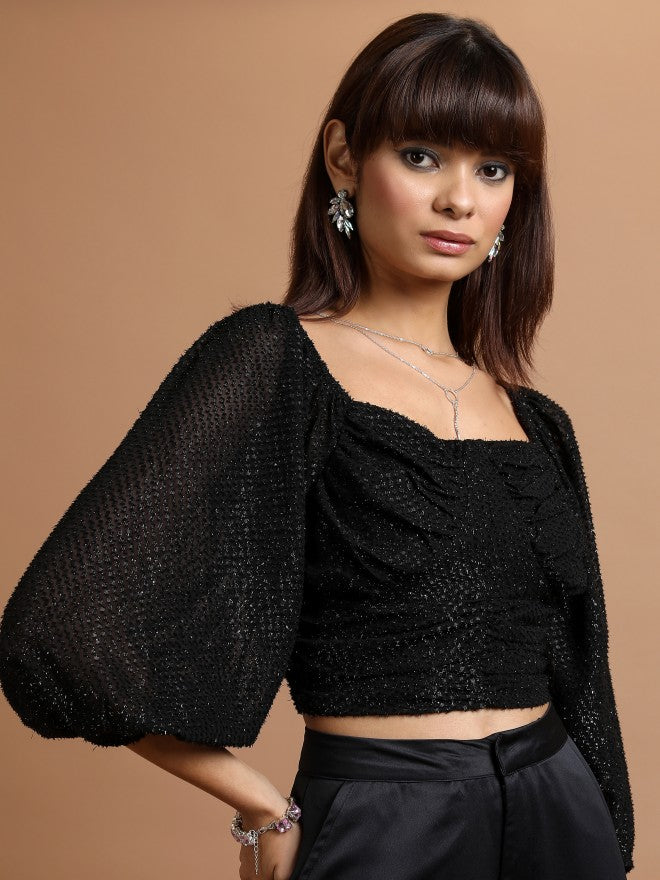 Tokyo Talkies Women Black Self Design Regular Top - Black - Image 6