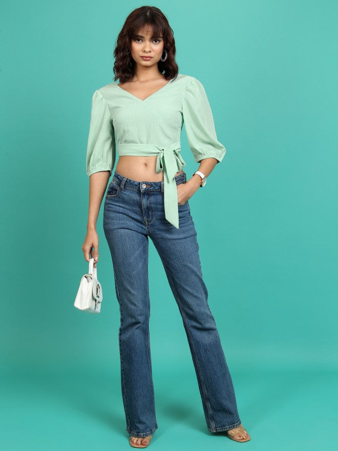 Tokyo Talkies Women Green Checked Wrap Top - Green - Image 2