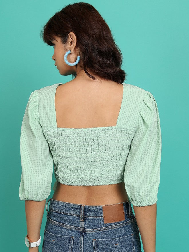 Tokyo Talkies Women Green Checked Wrap Top - Green - Image 3