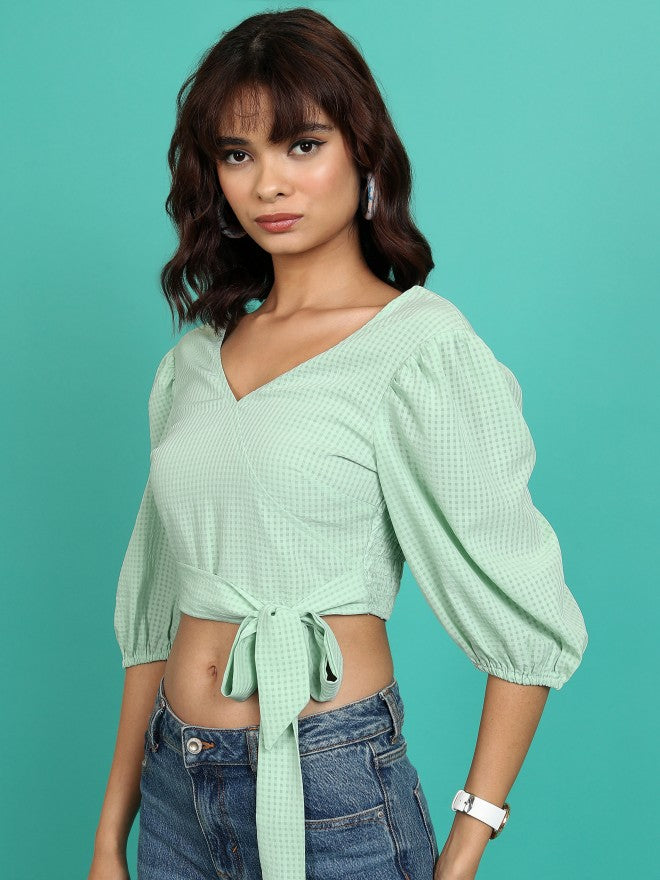 Tokyo Talkies Women Green Checked Wrap Top - Green - Image 4