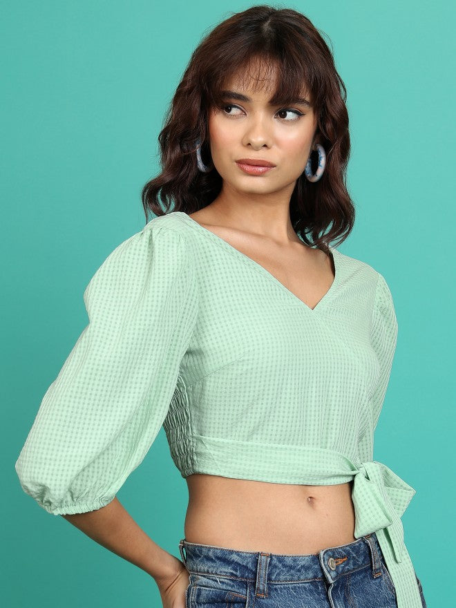 Tokyo Talkies Women Green Checked Wrap Top - Green - Image 6