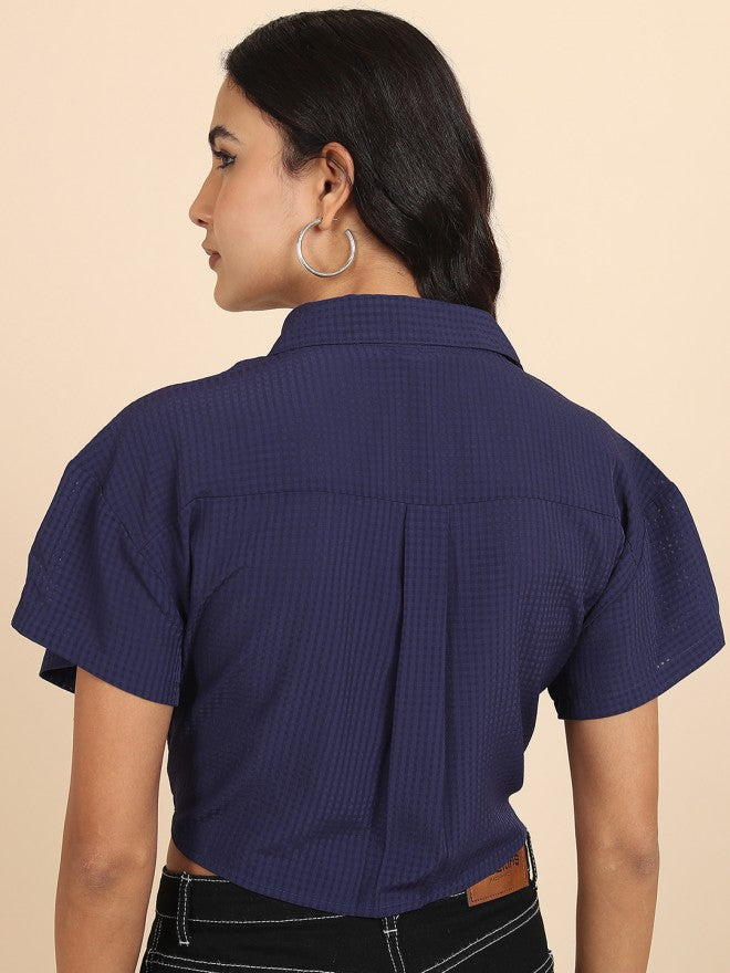 Tokyo Talkies Women Navy Blue Self Design Shirt Style Top - Navy Blue - Image 3