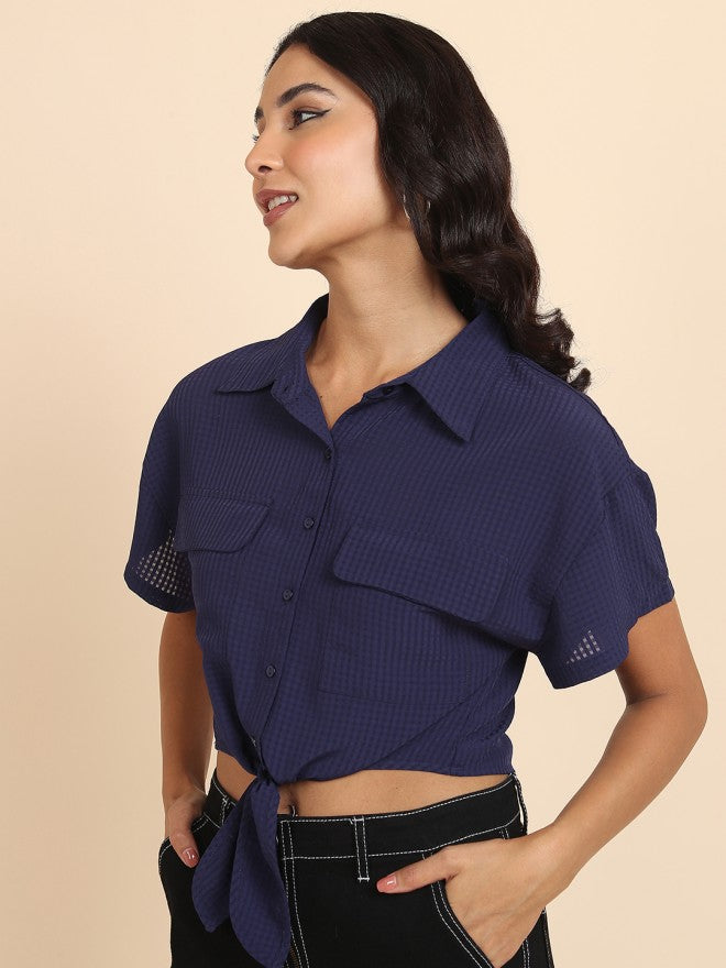 Tokyo Talkies Women Navy Blue Self Design Shirt Style Top - Navy Blue - Image 4