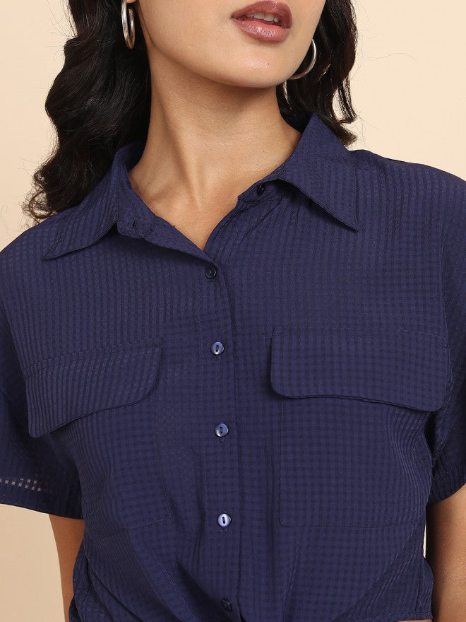 Tokyo Talkies Women Navy Blue Self Design Shirt Style Top - Navy Blue - Image 5