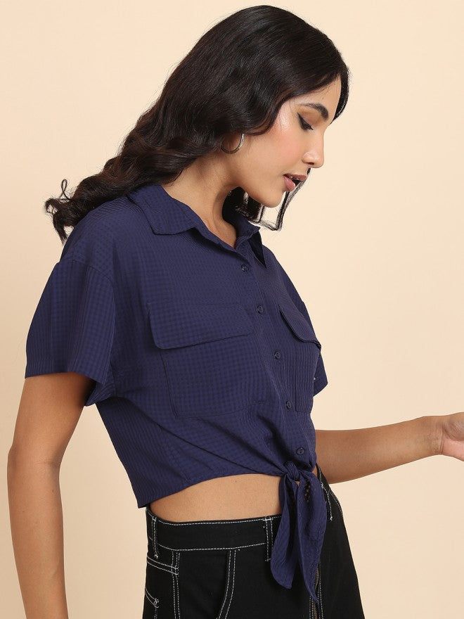 Tokyo Talkies Women Navy Blue Self Design Shirt Style Top - Navy Blue - Image 6