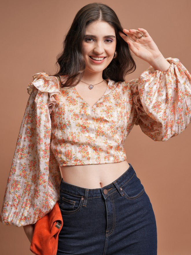 Tokyo Talkies Women Beige/Multi Printed Wrap Top - Beige - Image 1
