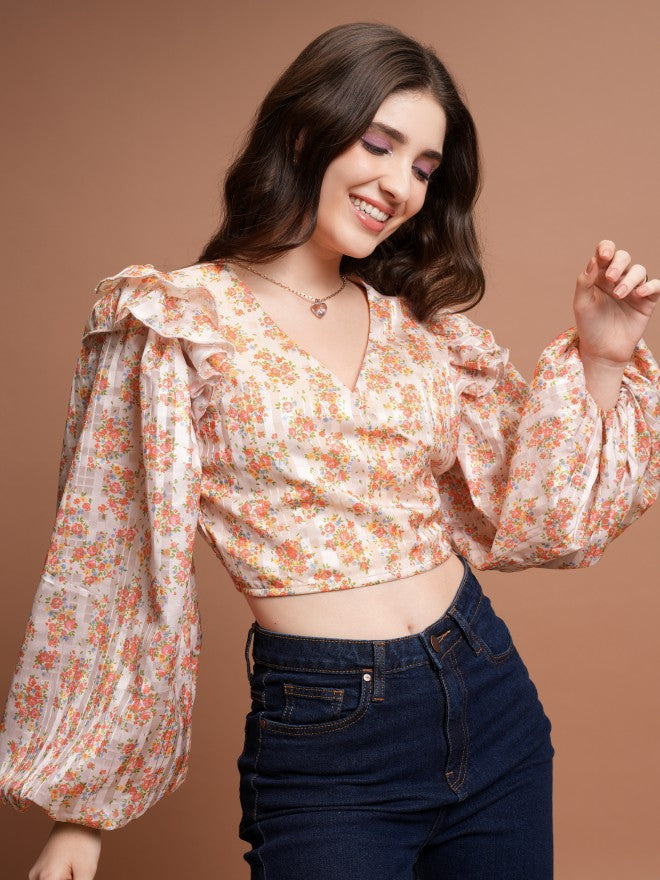Tokyo Talkies Women Beige/Multi Printed Wrap Top - Beige - Image 6