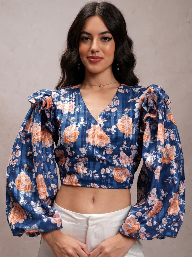 Tokyo Talkies Women Navy/Multi Printed Wrap Top - Navy Blue - Image 1