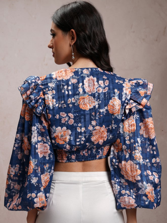 Tokyo Talkies Women Navy/Multi Printed Wrap Top - Navy Blue - Image 3