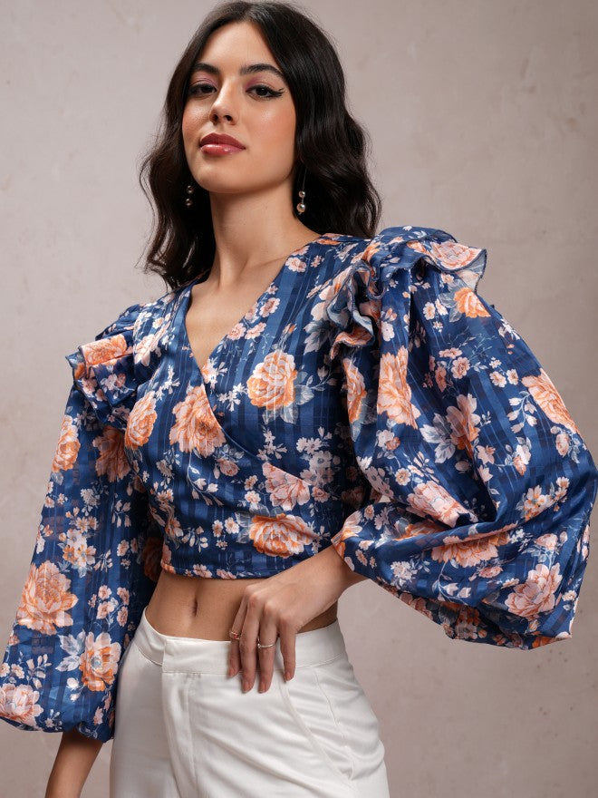 Tokyo Talkies Women Navy/Multi Printed Wrap Top - Navy Blue - Image 4