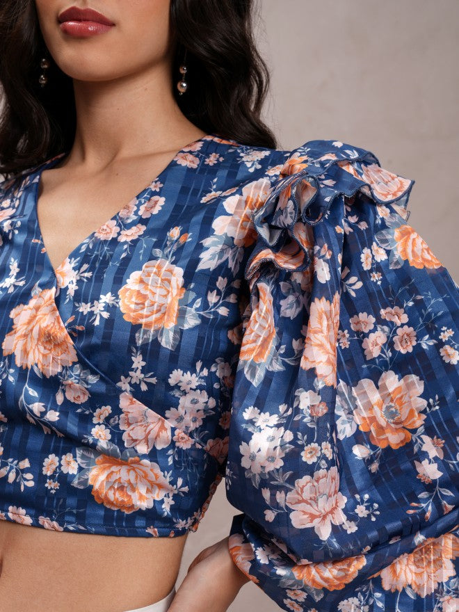 Tokyo Talkies Women Navy/Multi Printed Wrap Top - Navy Blue - Image 5