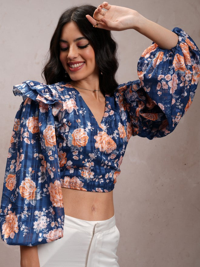 Tokyo Talkies Women Navy/Multi Printed Wrap Top - Navy Blue - Image 6
