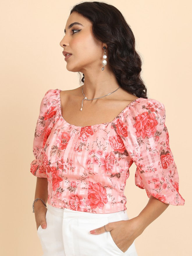 Tokyo Talkies Women Pink Printed Regular Top - Pink - Image 4