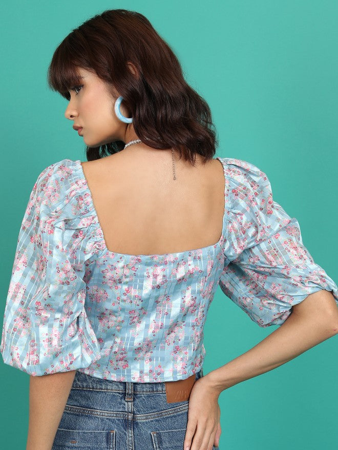 Tokyo Talkies Women Blue Printed Regular Top - Blue - Image 3