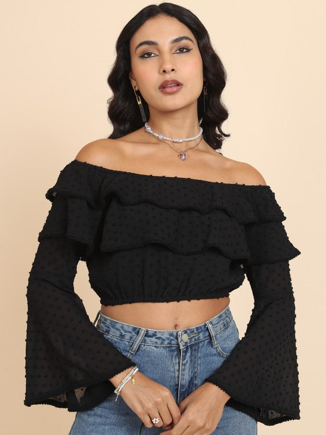 Tokyo Talkies Women Black Self Design Bardot Top - Black - Image 1