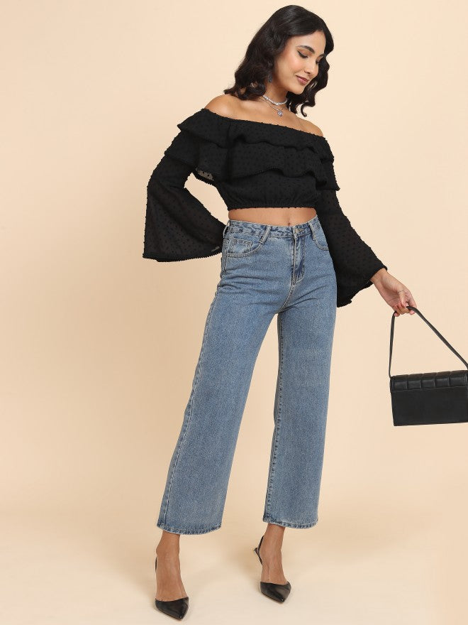 Tokyo Talkies Women Black Self Design Bardot Top - Black - Image 2