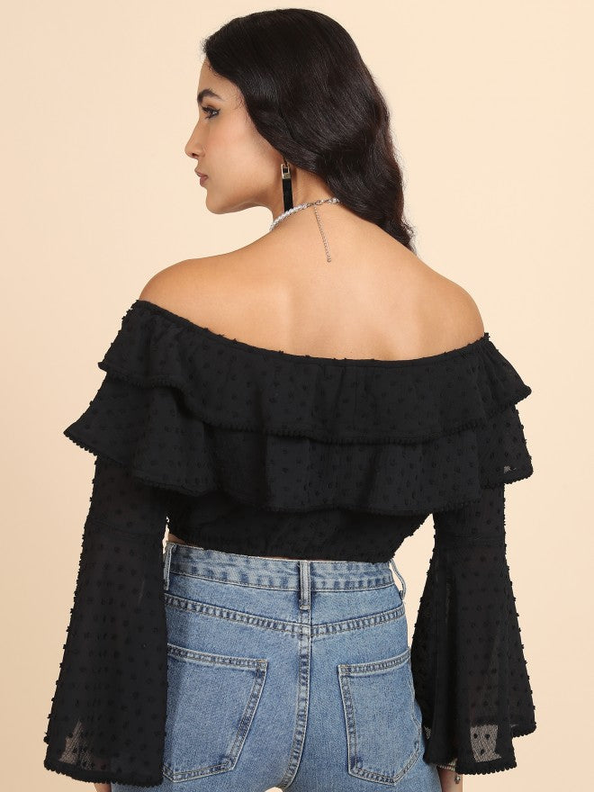 Tokyo Talkies Women Black Self Design Bardot Top - Black - Image 3