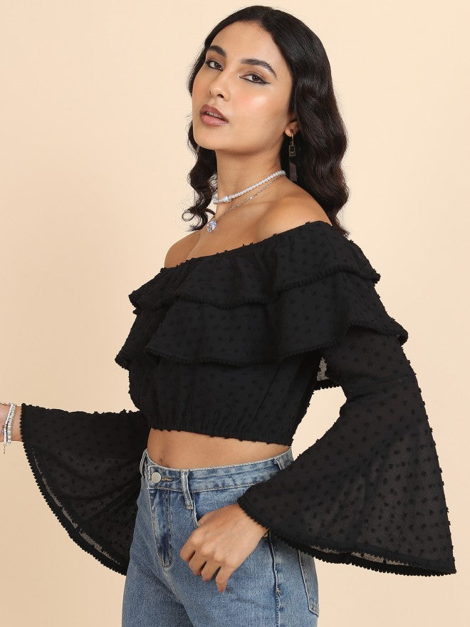 Tokyo Talkies Women Black Self Design Bardot Top - Black - Image 4
