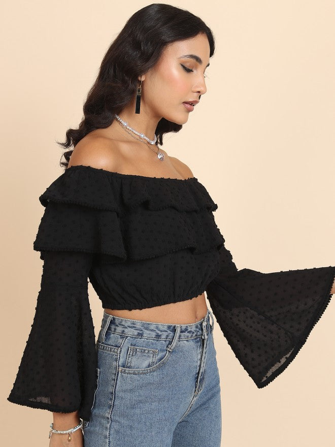 Tokyo Talkies Women Black Self Design Bardot Top - Black - Image 6