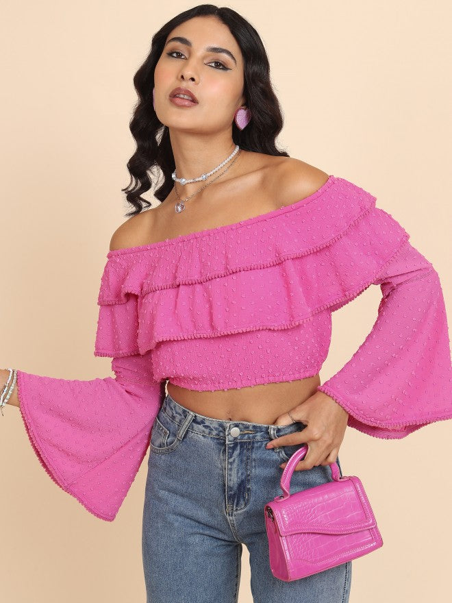 Tokyo Talkies Women Pink Self Design Bardot Top - Pink - Image 1